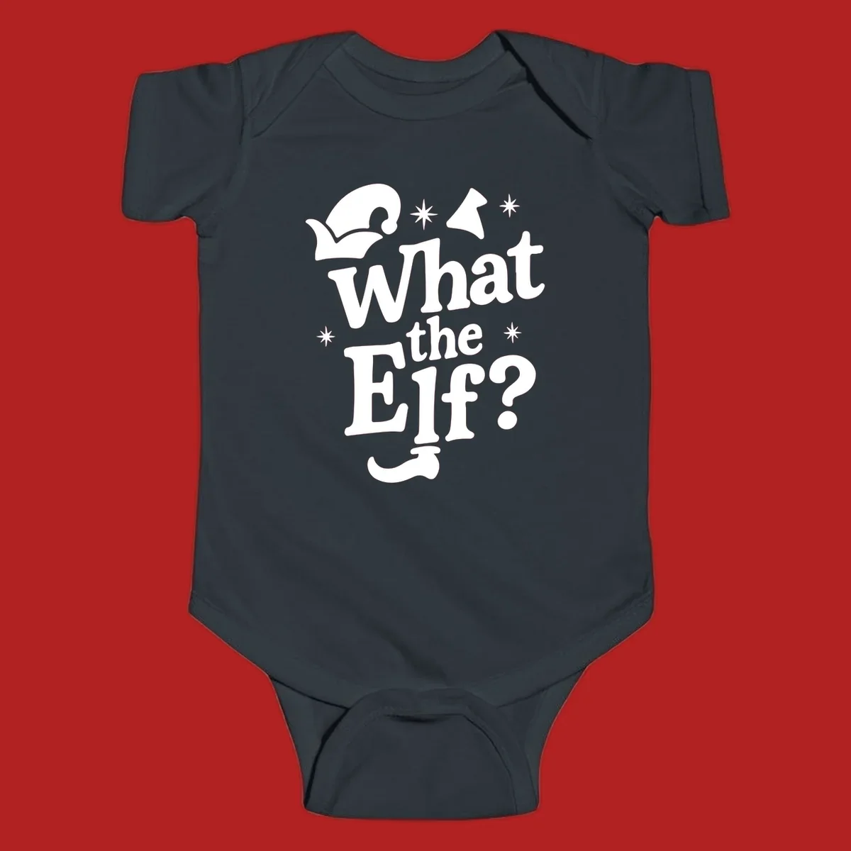 What The Elf holiday phrase design with elf hat and stars.