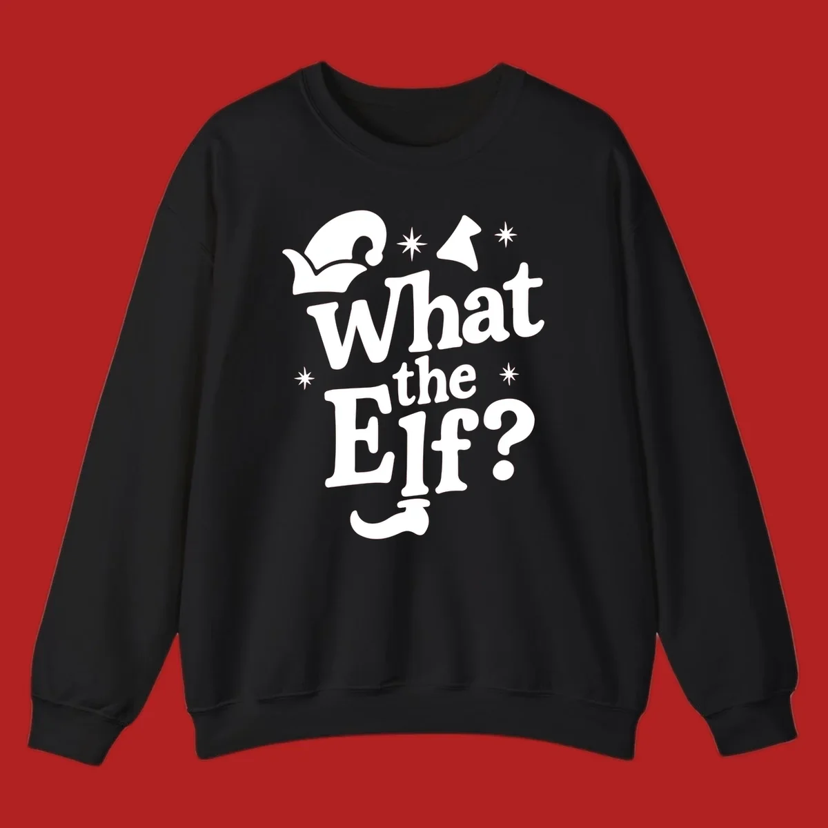 What The Elf holiday phrase design with elf hat and stars.
