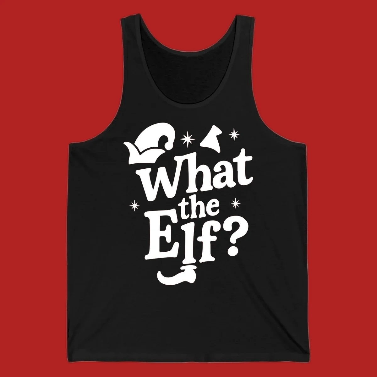 What The Elf holiday phrase design with elf hat and stars.