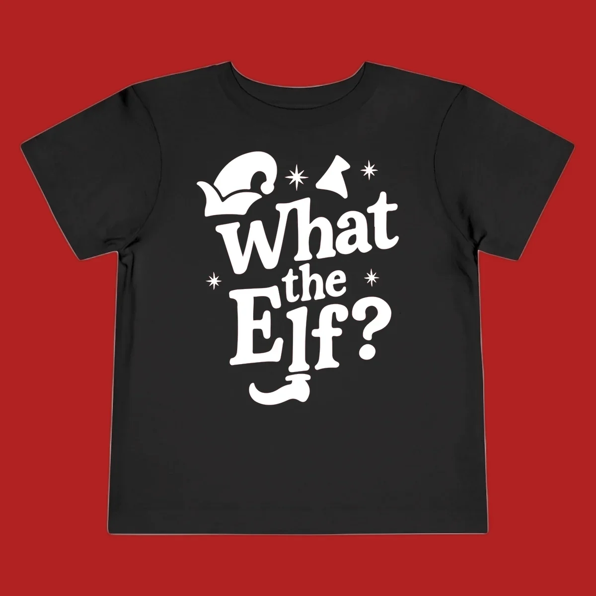 What The Elf holiday phrase design with elf hat and stars.