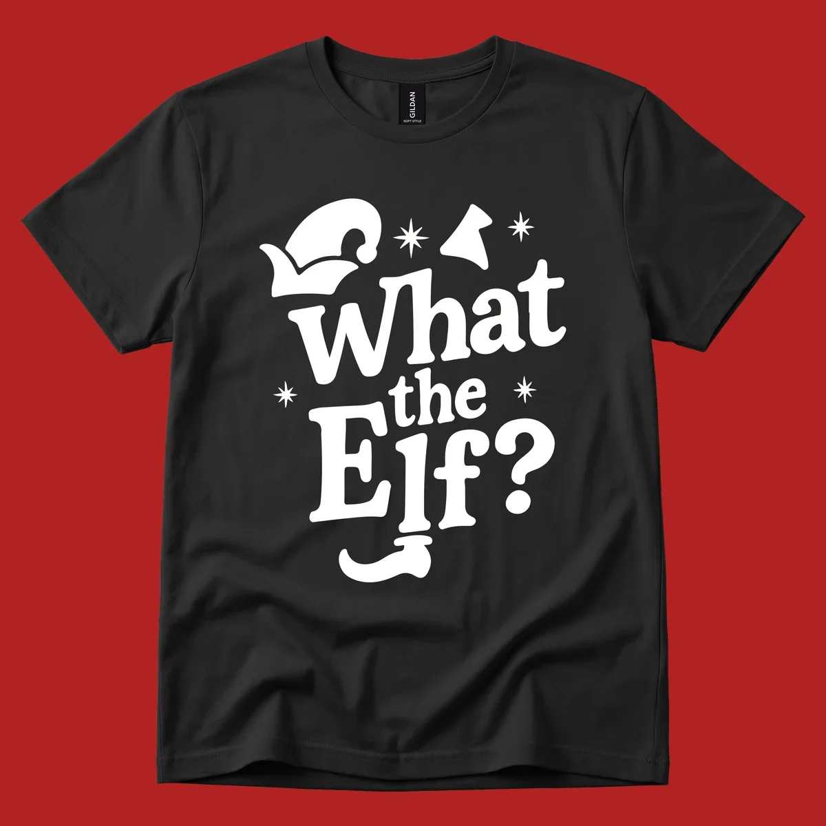 What The Elf holiday phrase design with elf hat and stars.