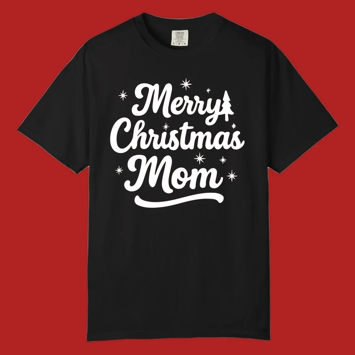 Merry Christmas Mom script text with stars and a Christmas tree graphic.