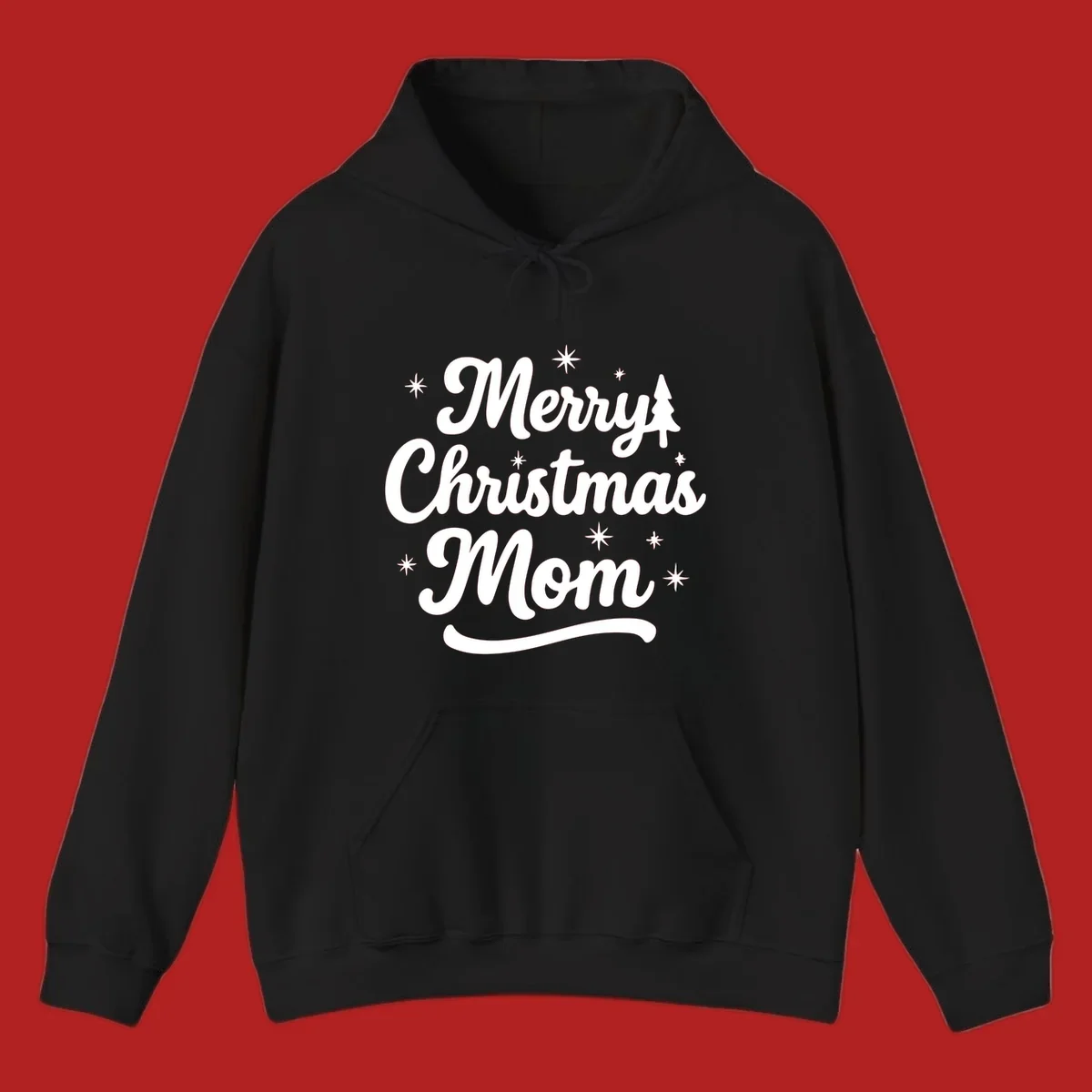 Merry Christmas Mom script text with stars and a Christmas tree graphic.