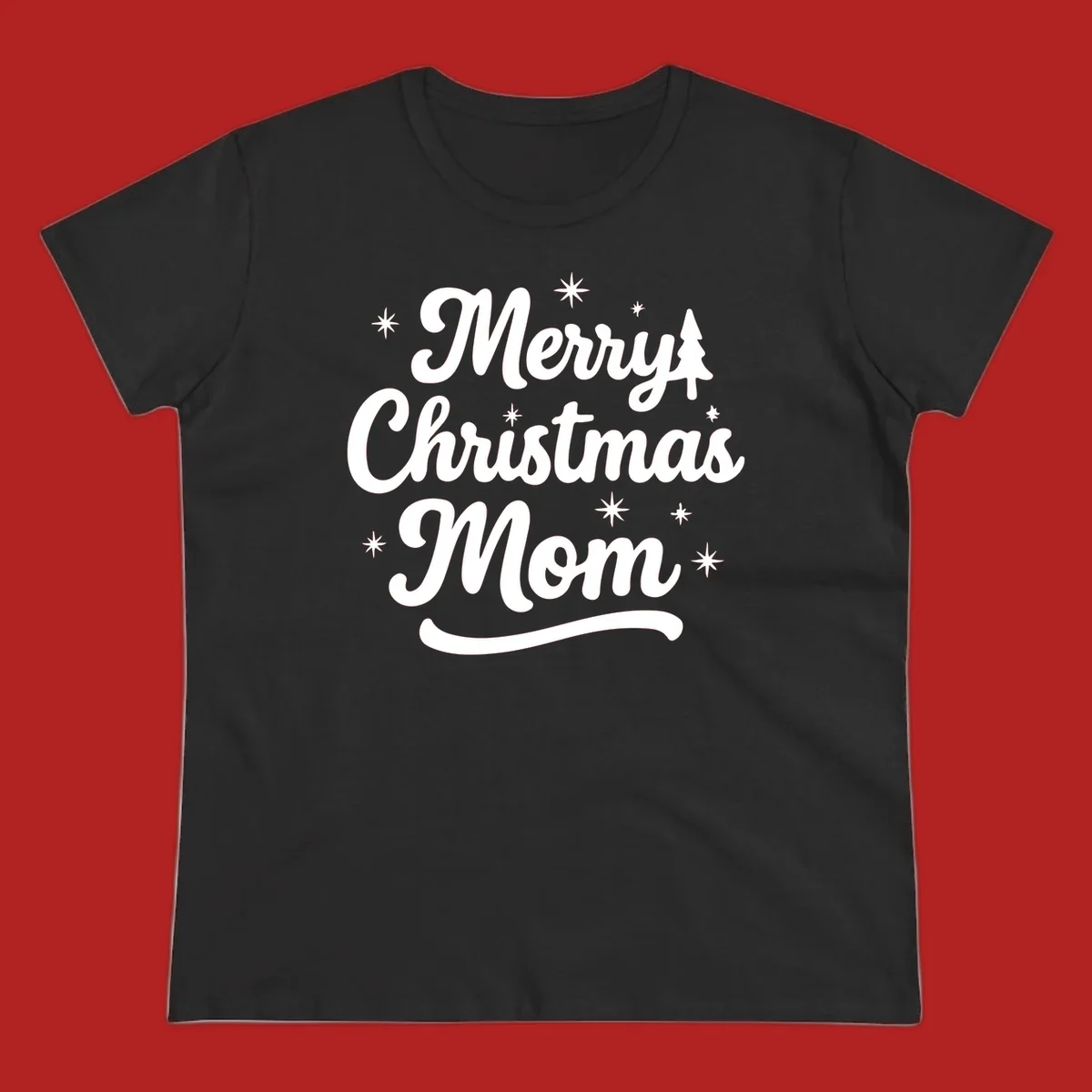 Merry Christmas Mom script text with stars and a Christmas tree graphic.