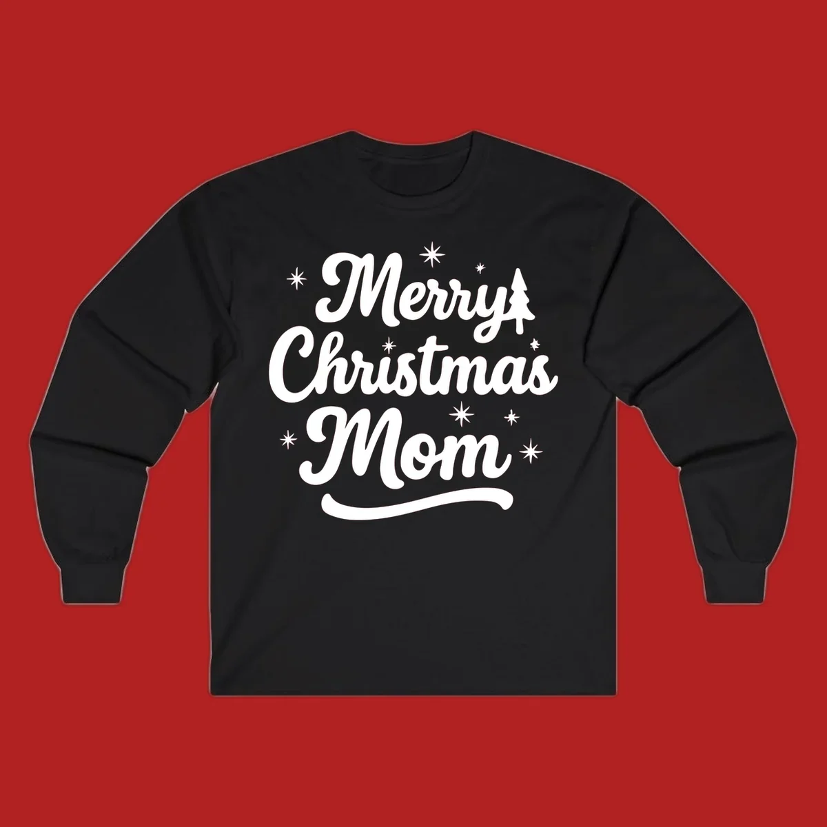 Merry Christmas Mom script text with stars and a Christmas tree graphic.