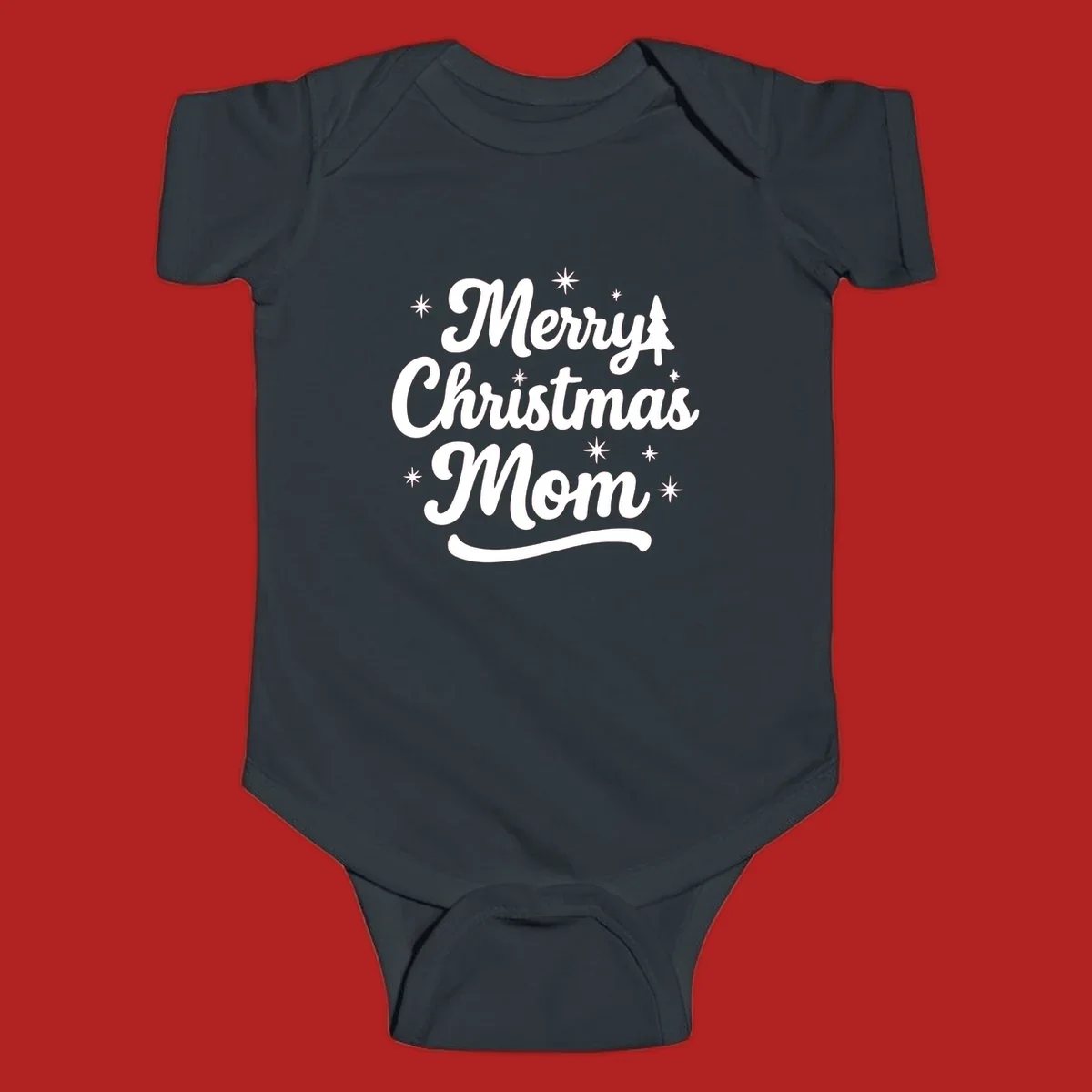 Merry Christmas Mom script text with stars and a Christmas tree graphic.