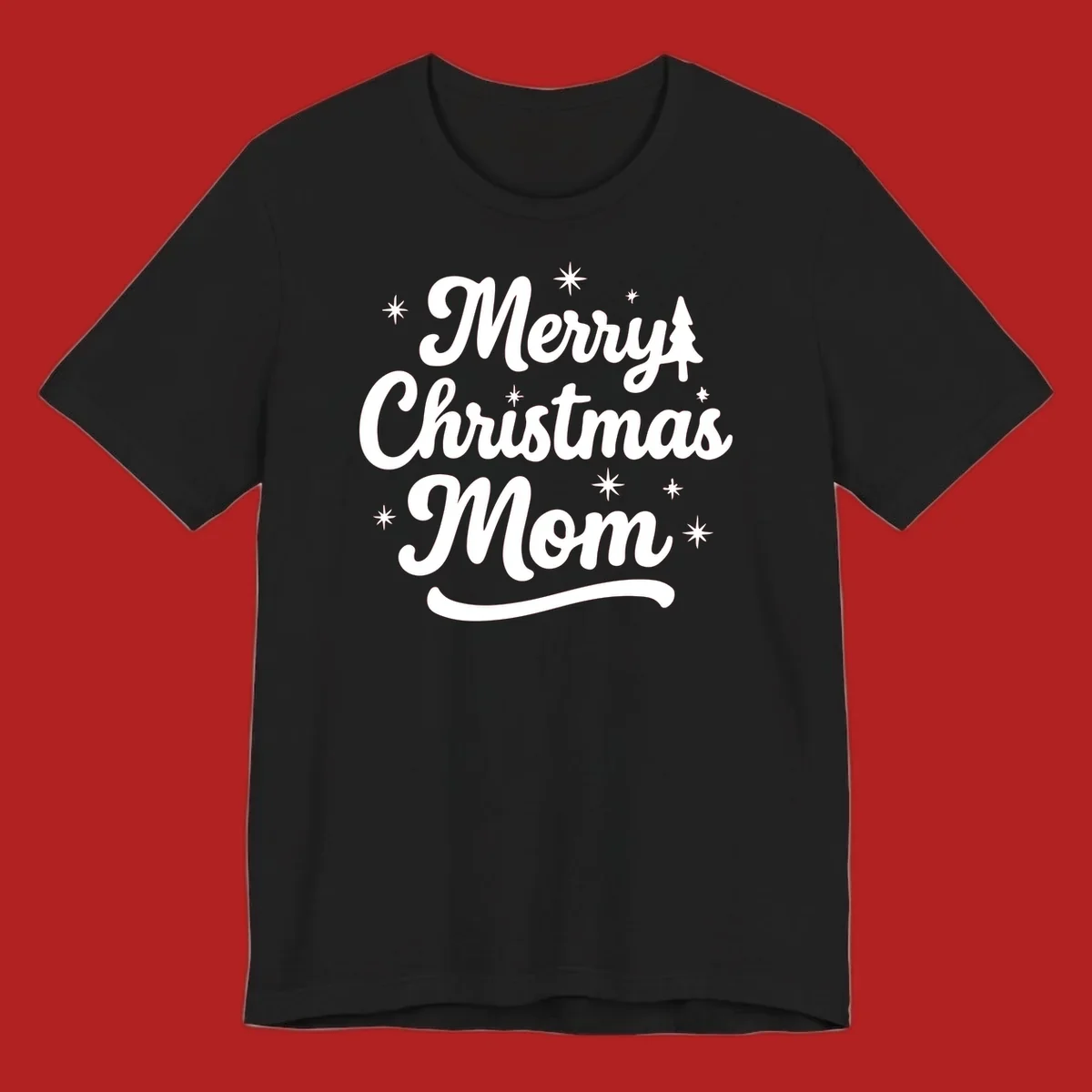 Merry Christmas Mom script text with stars and a Christmas tree graphic.