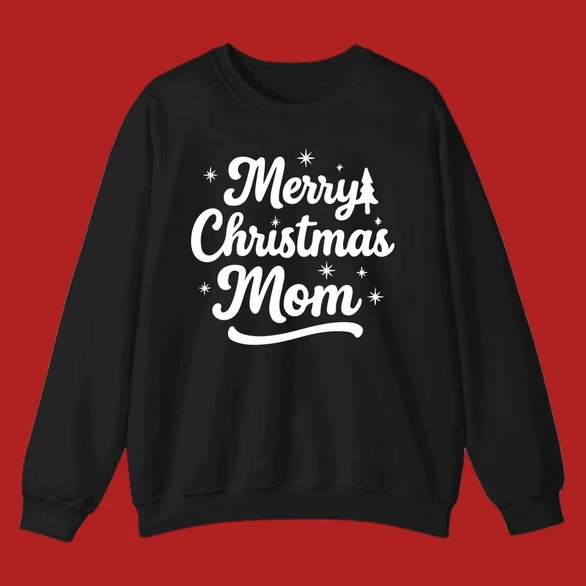 Merry Christmas Mom script text with stars and a Christmas tree graphic.