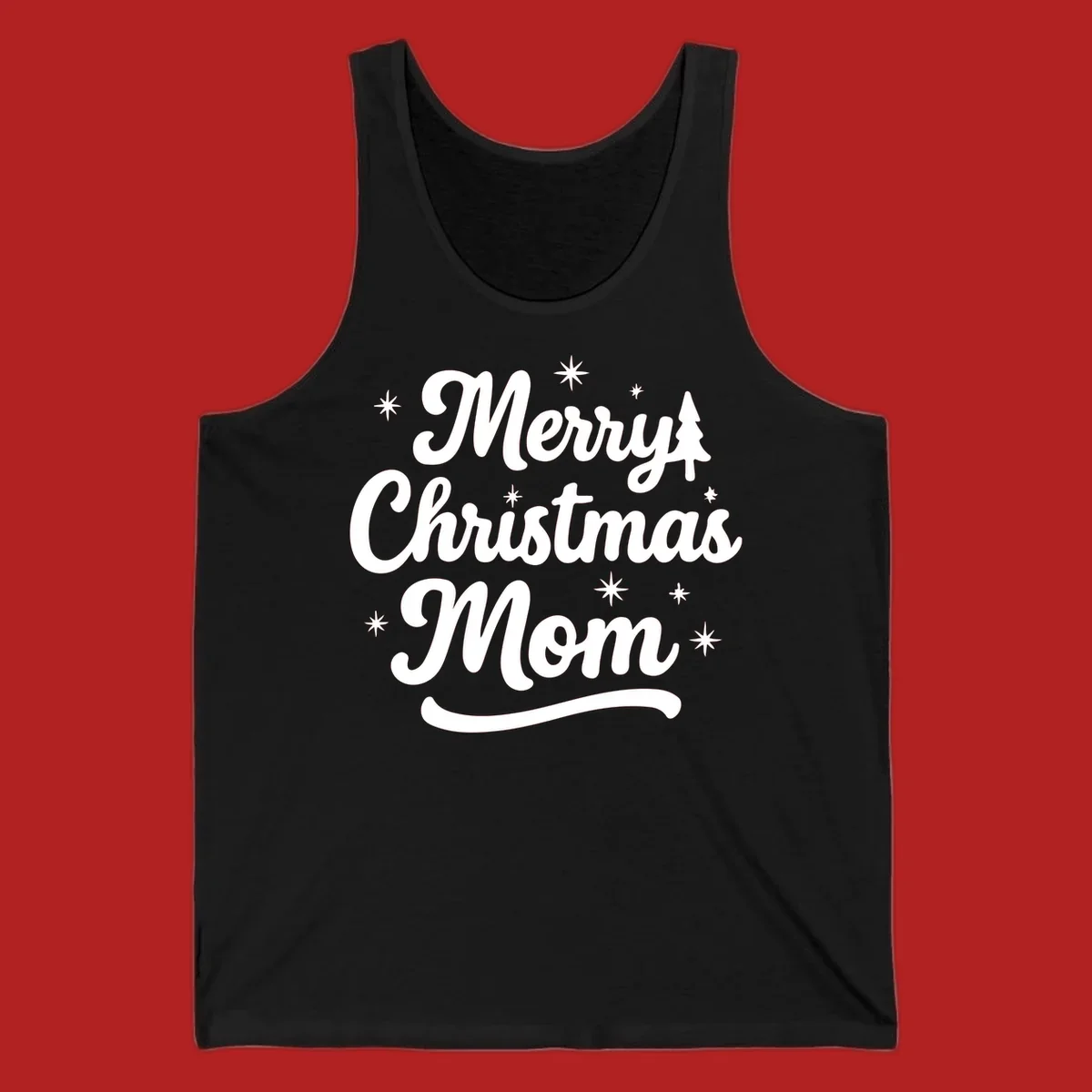 Merry Christmas Mom script text with stars and a Christmas tree graphic.
