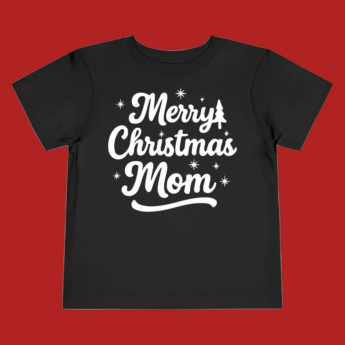 Merry Christmas Mom script text with stars and a Christmas tree graphic.