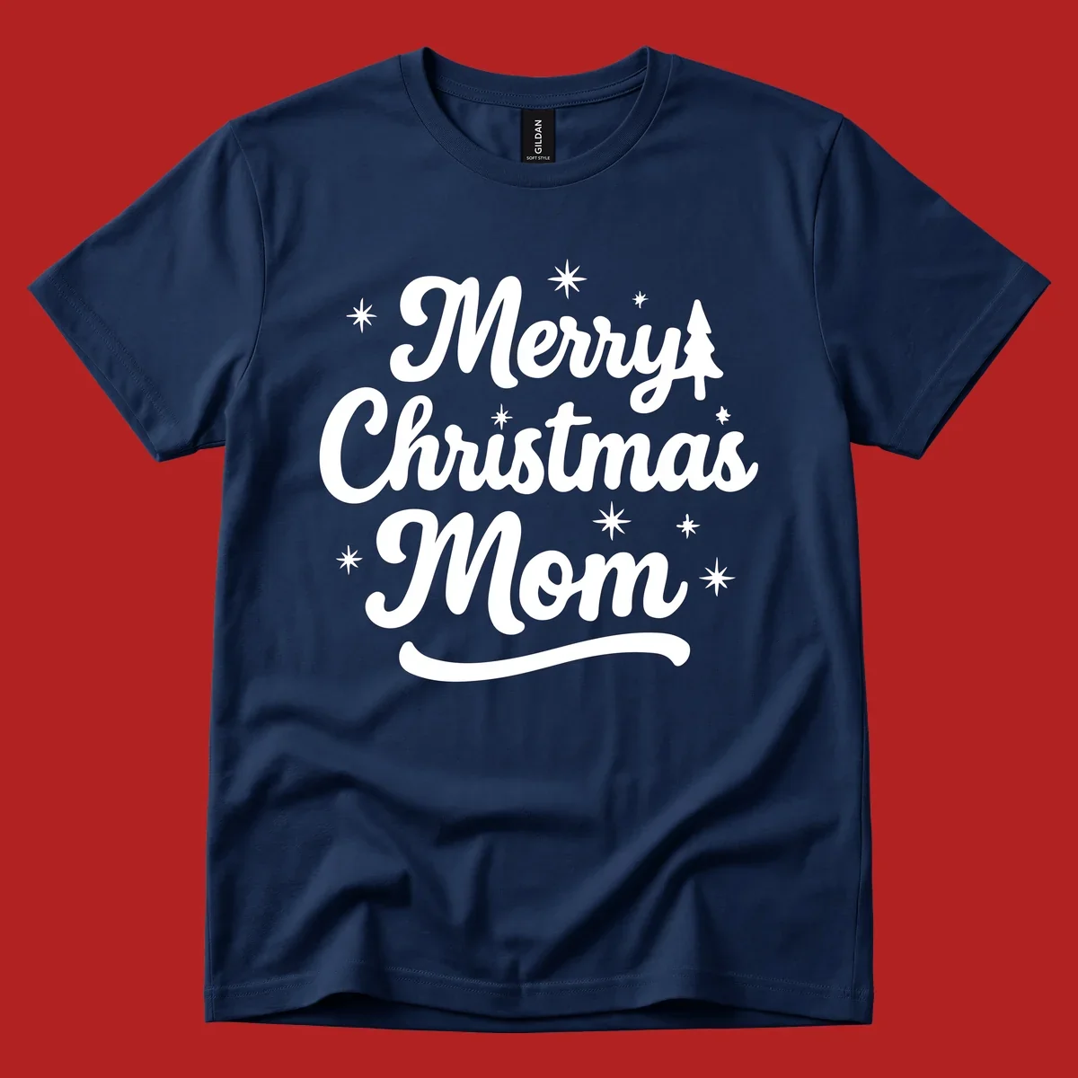 Merry Christmas Mom script text with stars and a Christmas tree graphic.