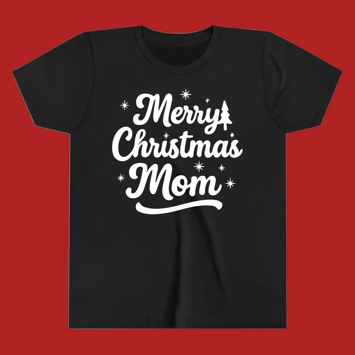 Merry Christmas Mom script text with stars and a Christmas tree graphic.