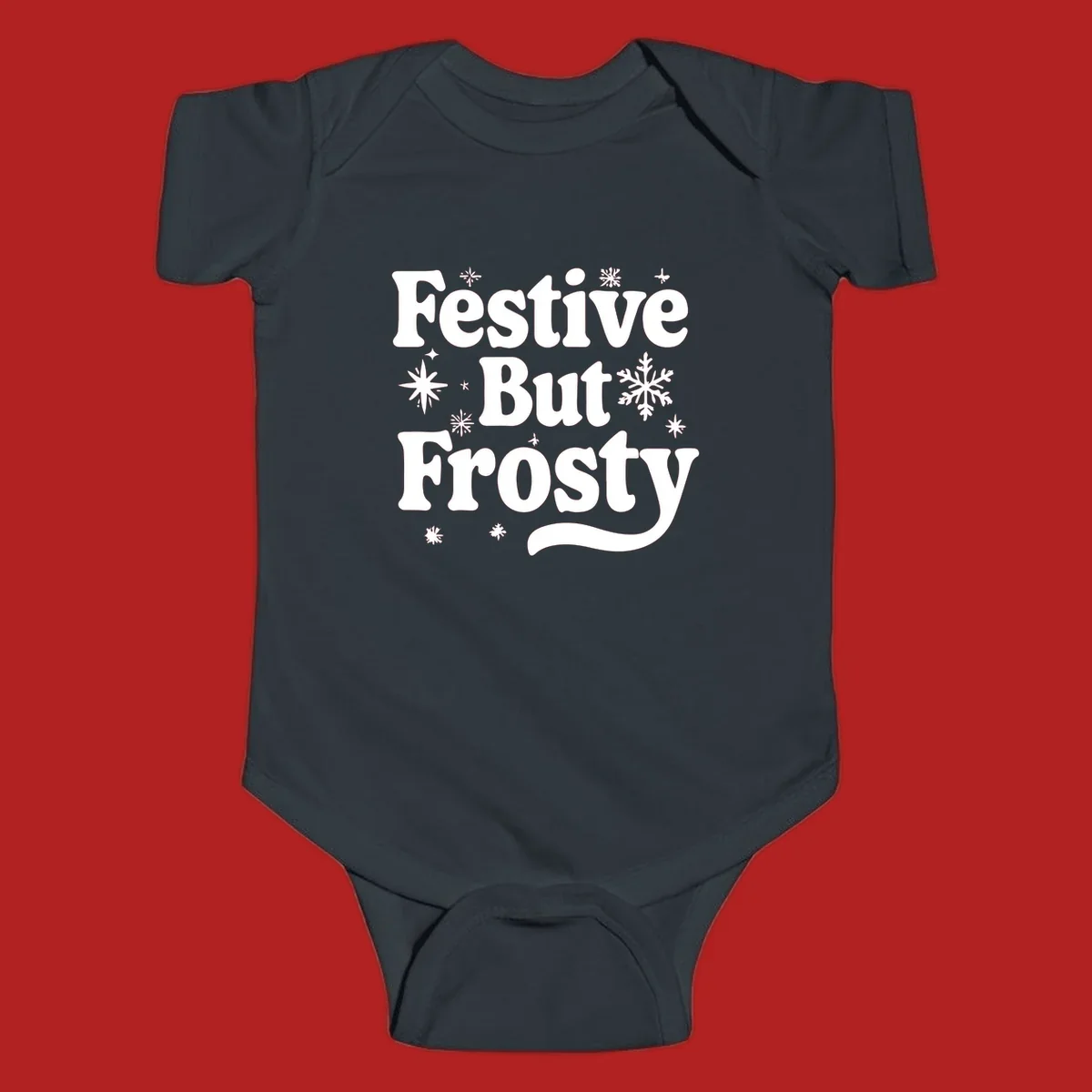 Festive But Frosty text with snowflakes and stars, holiday design.