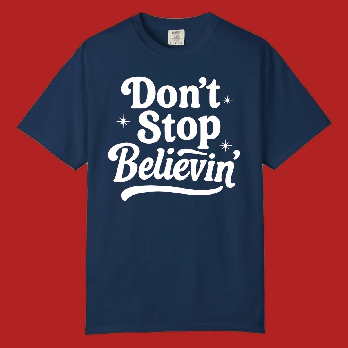 White retro typography 'Don't Stop Believin'' with starbursts on black background.