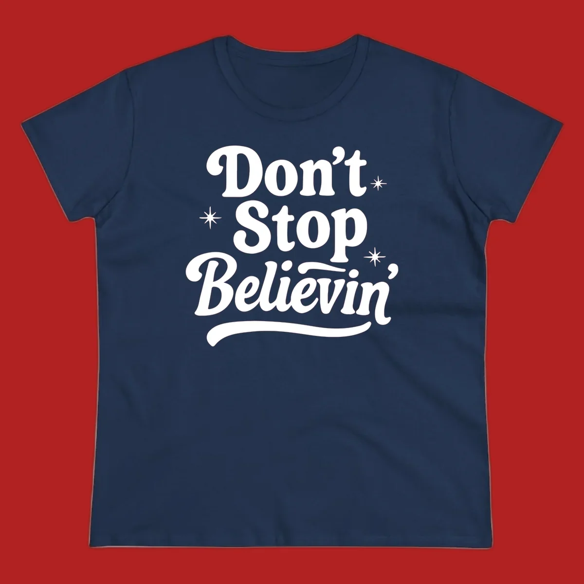 White retro typography 'Don't Stop Believin'' with starbursts on black background.