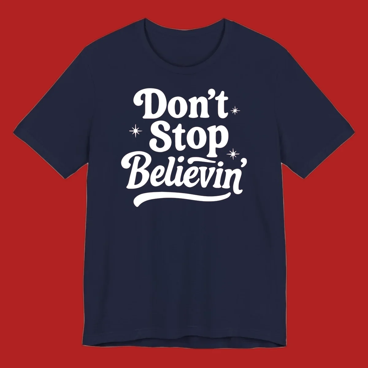 White retro typography 'Don't Stop Believin'' with starbursts on black background.