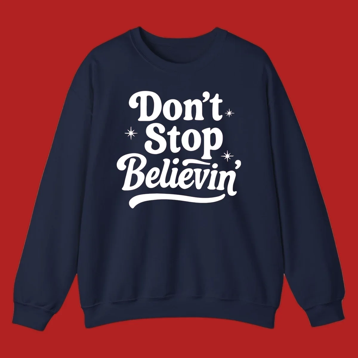 White retro typography 'Don't Stop Believin'' with starbursts on black background.
