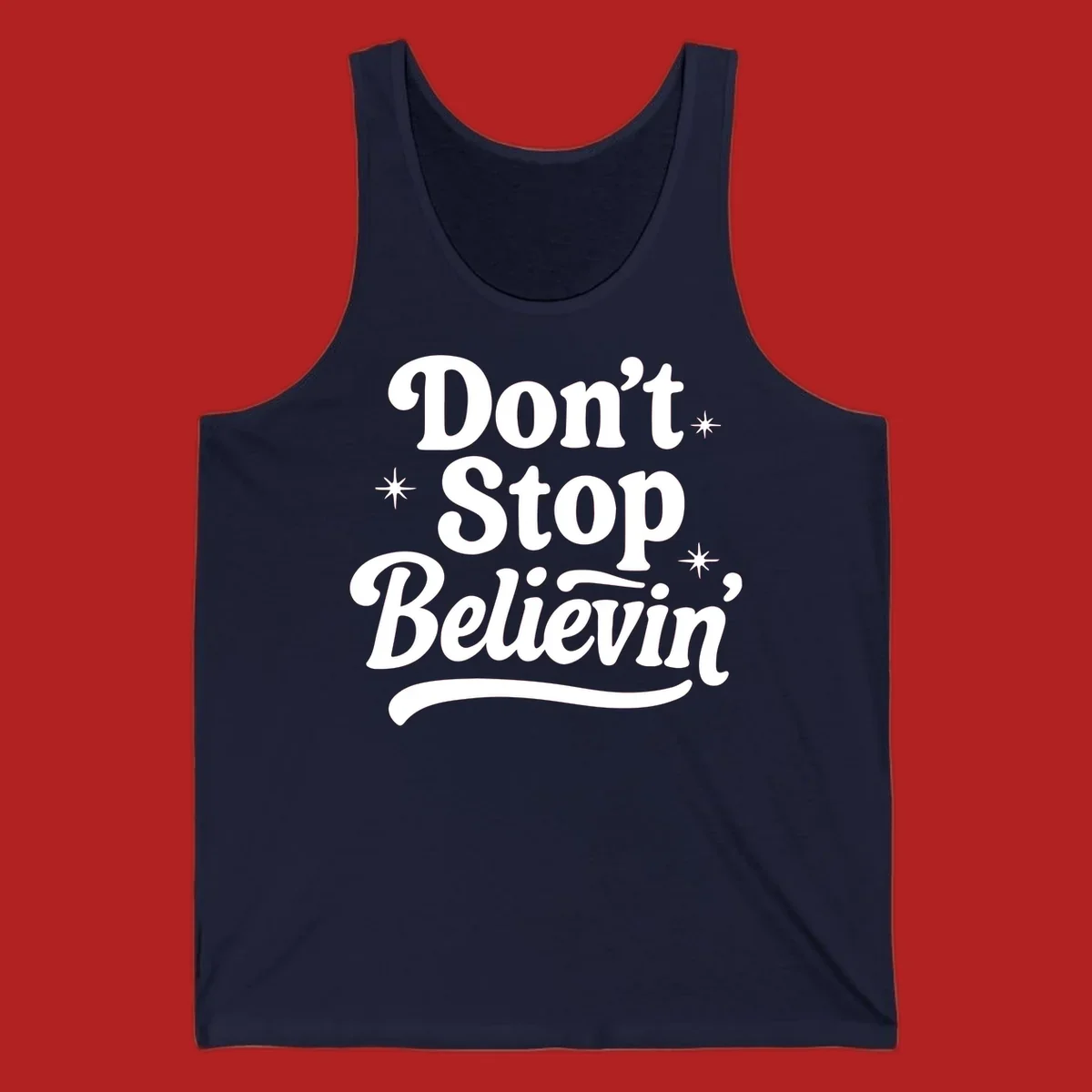 White retro typography 'Don't Stop Believin'' with starbursts on black background.