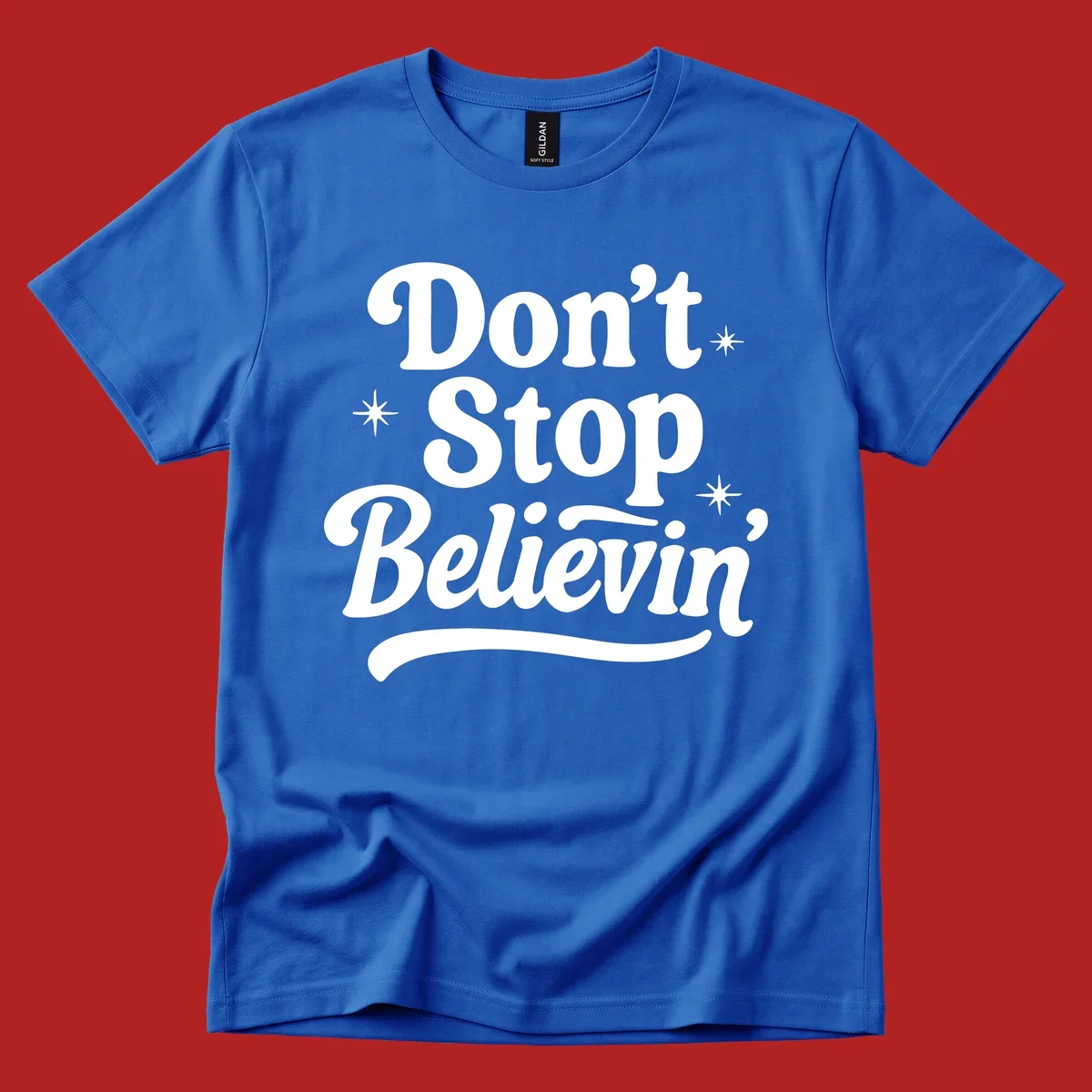 White retro typography 'Don't Stop Believin'' with starbursts on black background.