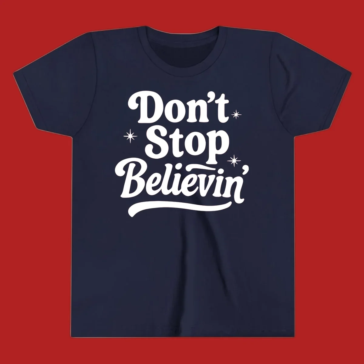 White retro typography 'Don't Stop Believin'' with starbursts on black background.