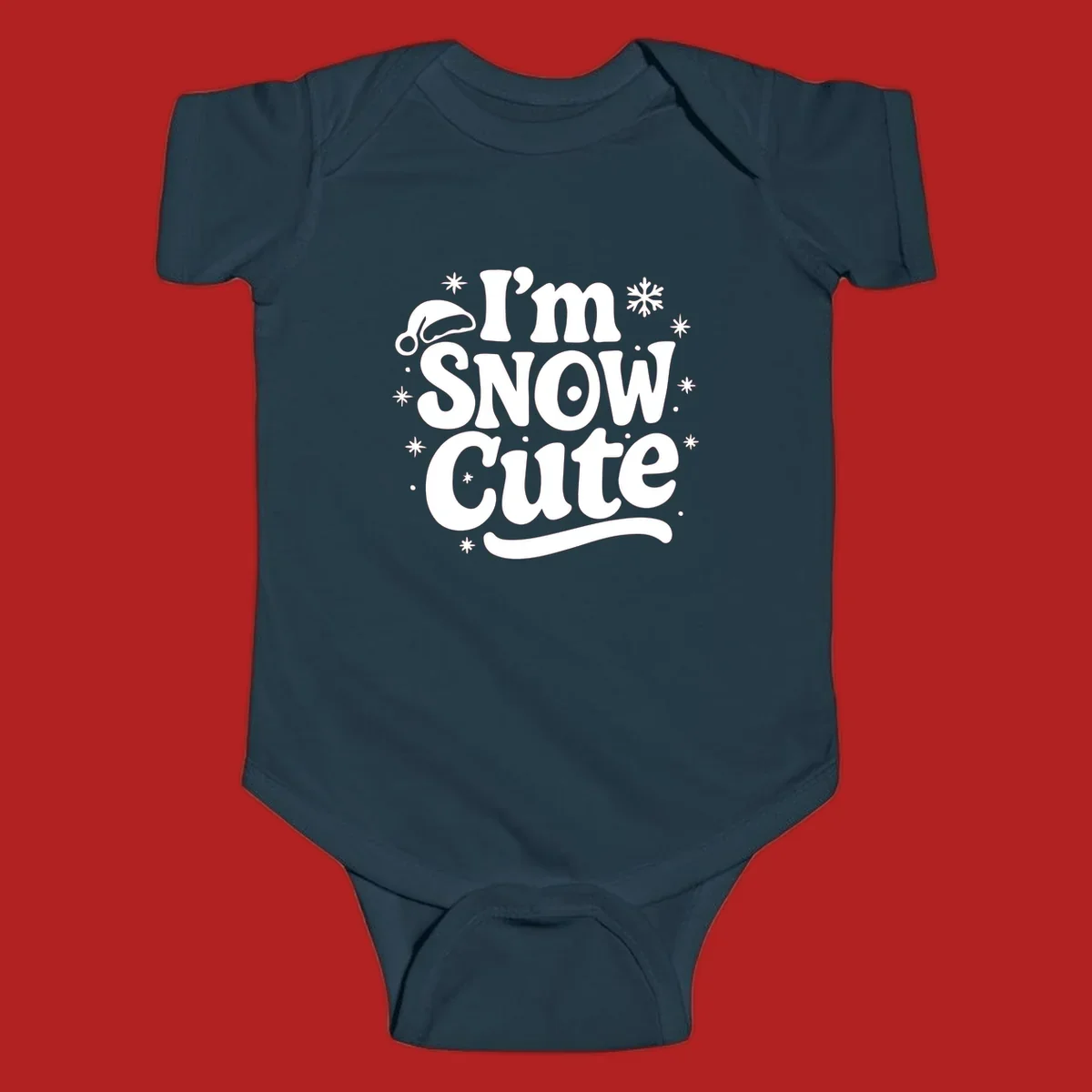I'm Snow Cute holiday graphic with Santa hat and snowflakes.