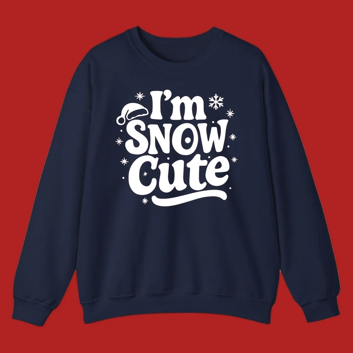 I'm Snow Cute holiday graphic with Santa hat and snowflakes.