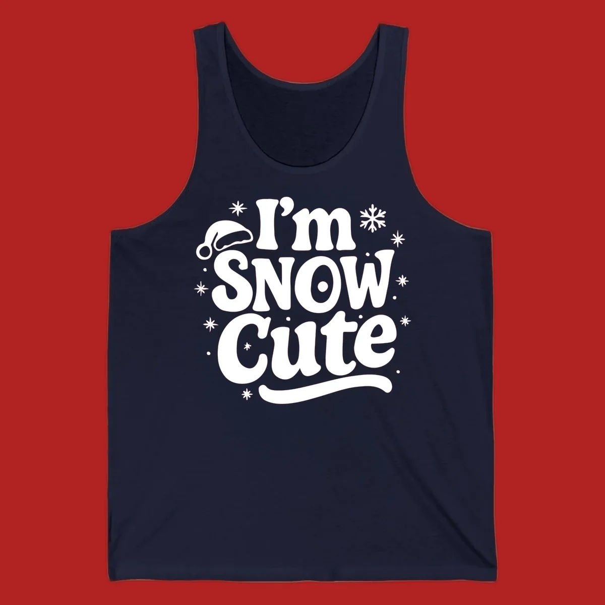 I'm Snow Cute holiday graphic with Santa hat and snowflakes.
