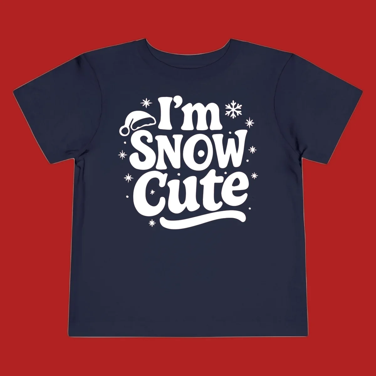 I'm Snow Cute holiday graphic with Santa hat and snowflakes.