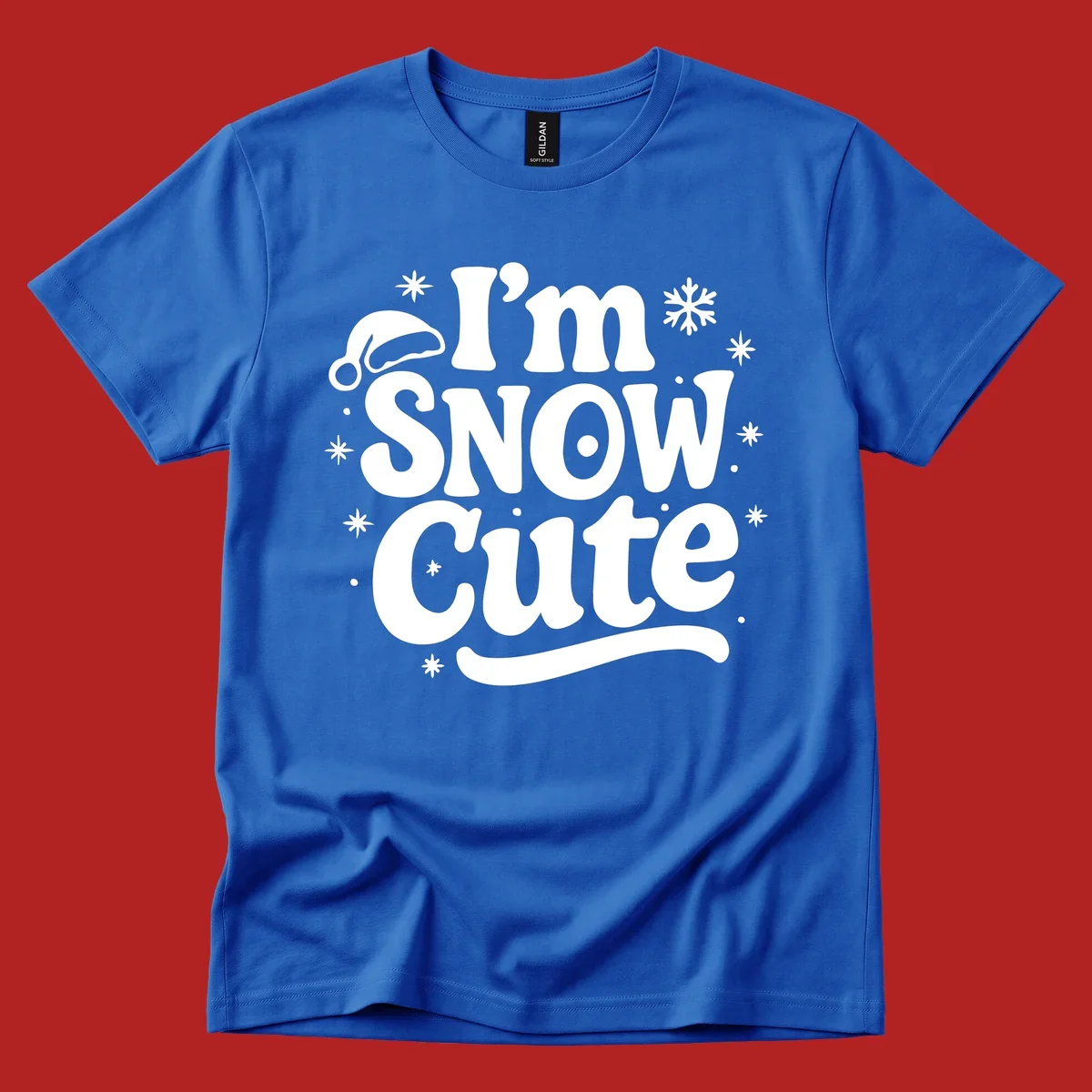 I'm Snow Cute holiday graphic with Santa hat and snowflakes.