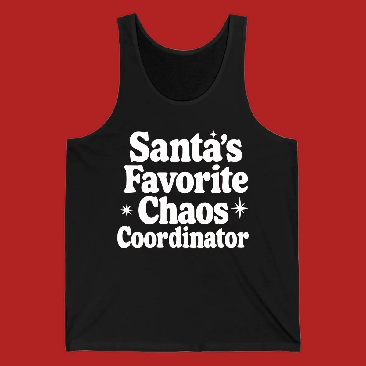 White retro typography reads 'Santa's Favorite Chaos Coordinator' with star accents.