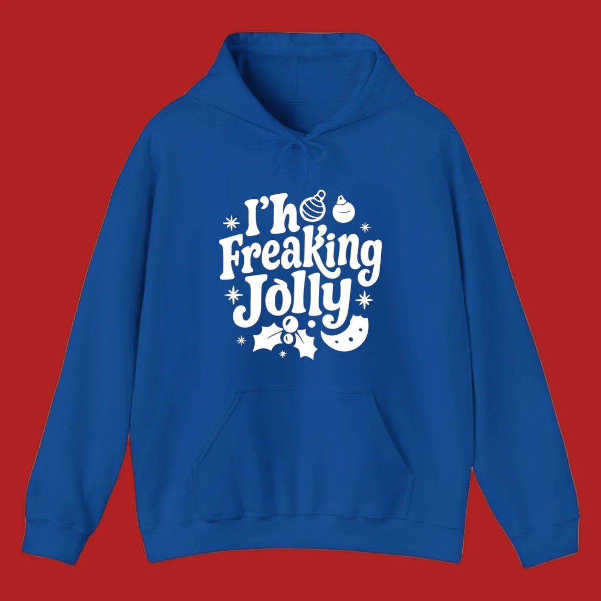 I'm Freaking Jolly Christmas Design with retro text and festive ornaments, holly, and snowflakes.