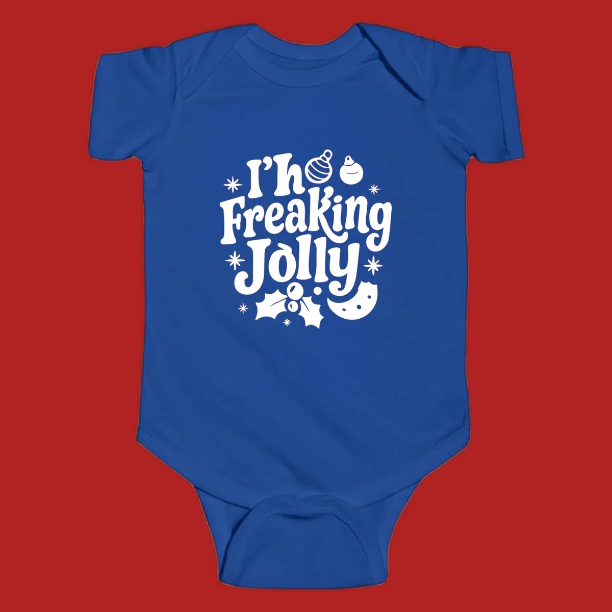 I'm Freaking Jolly Christmas Design with retro text and festive ornaments, holly, and snowflakes.