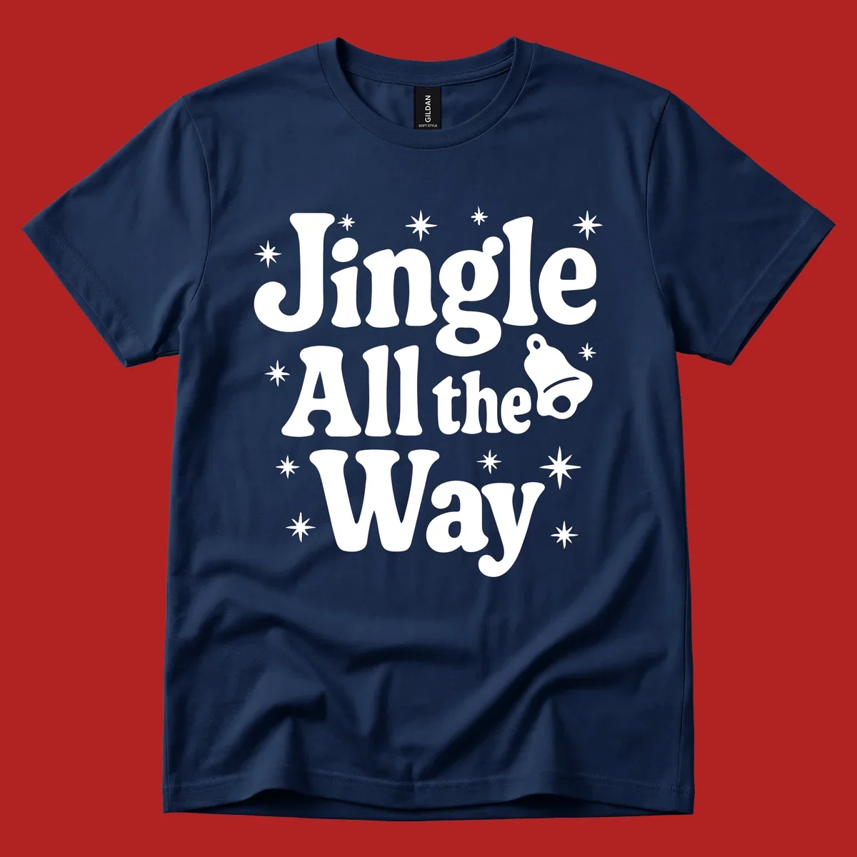 Retro jingle all the way christmas design with bell and stars.