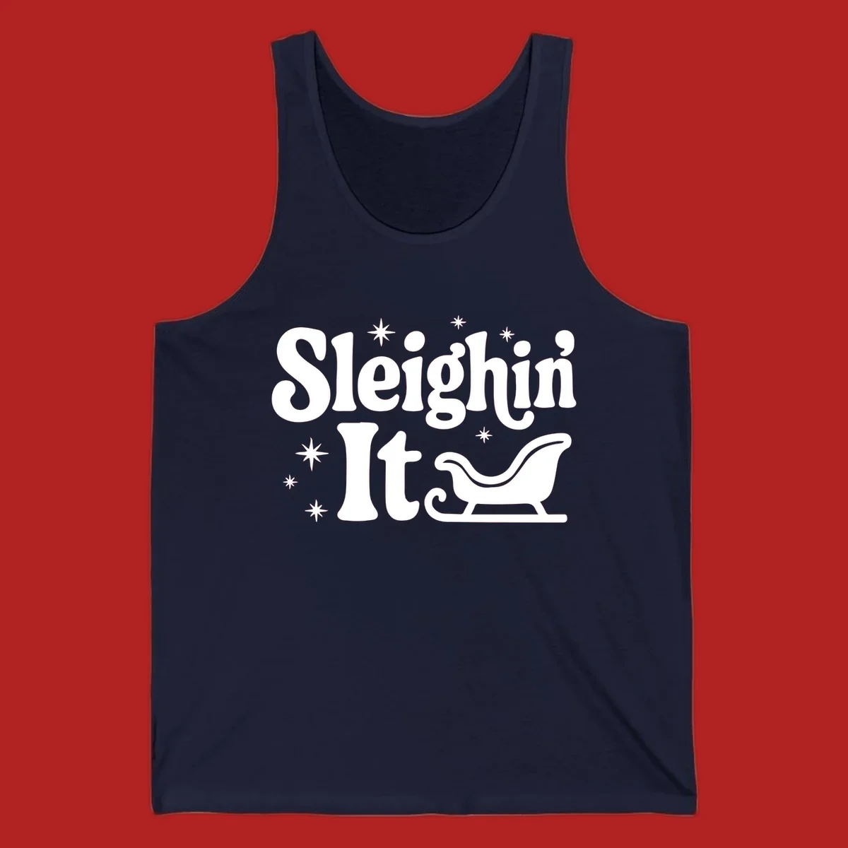 Sleighin It Christmas text and sleigh graphic.