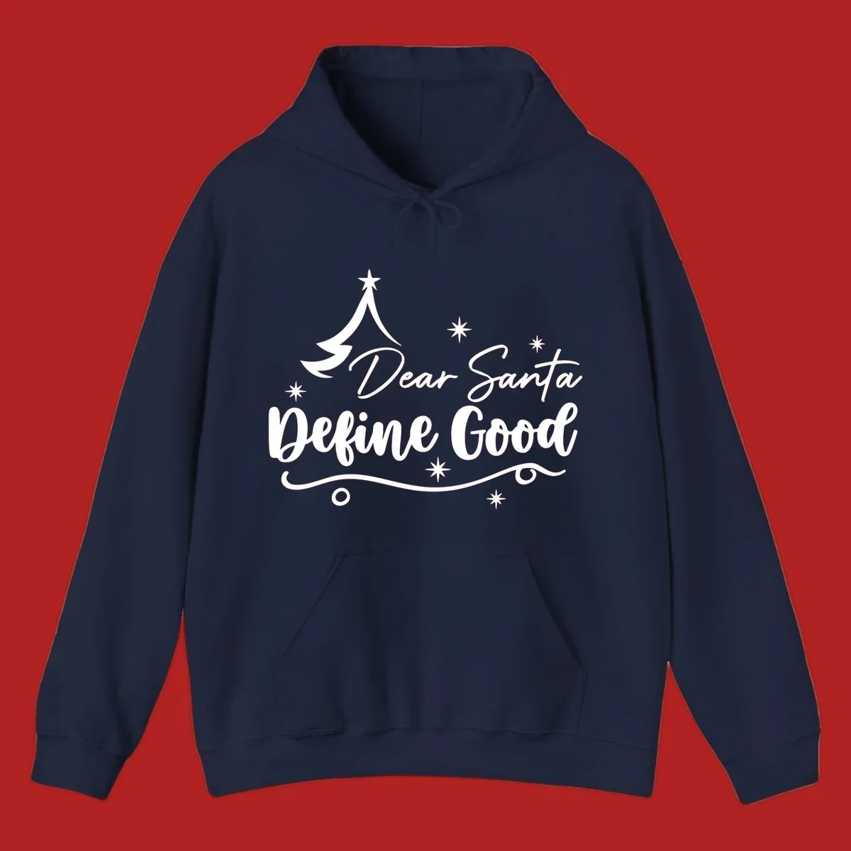 Dear Santa Define Good Christmas graphic with tree and stars.