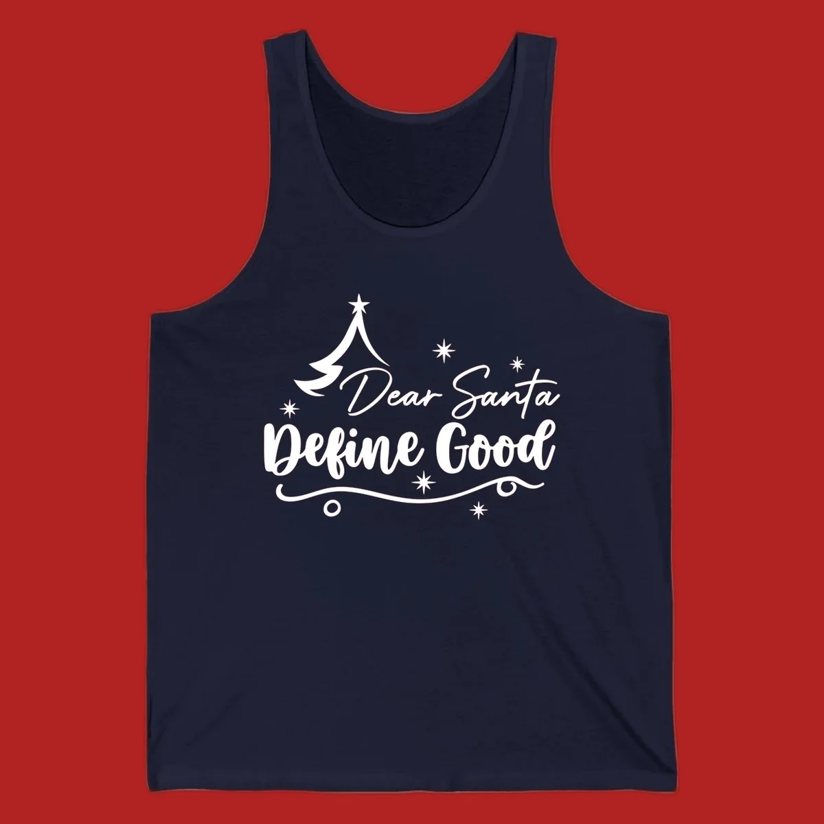Dear Santa Define Good Christmas graphic with tree and stars.
