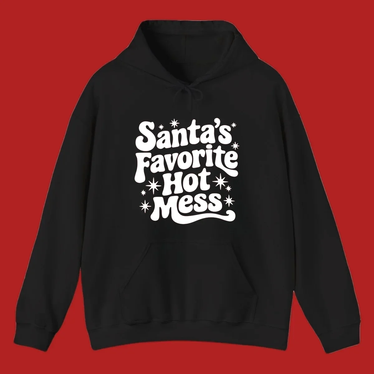 Santa's Favorite Hot Mess text with stars, retro Christmas design.