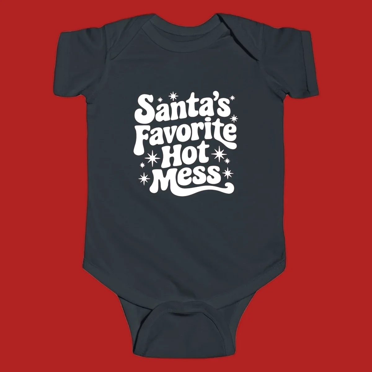 Santa's Favorite Hot Mess text with stars, retro Christmas design.