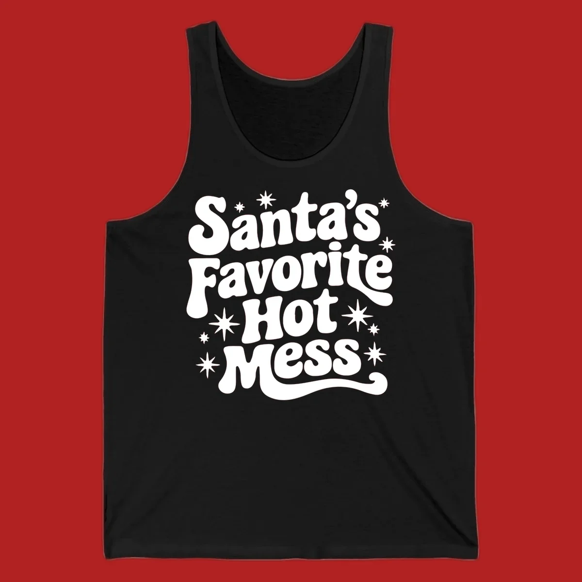 Santa's Favorite Hot Mess text with stars, retro Christmas design.