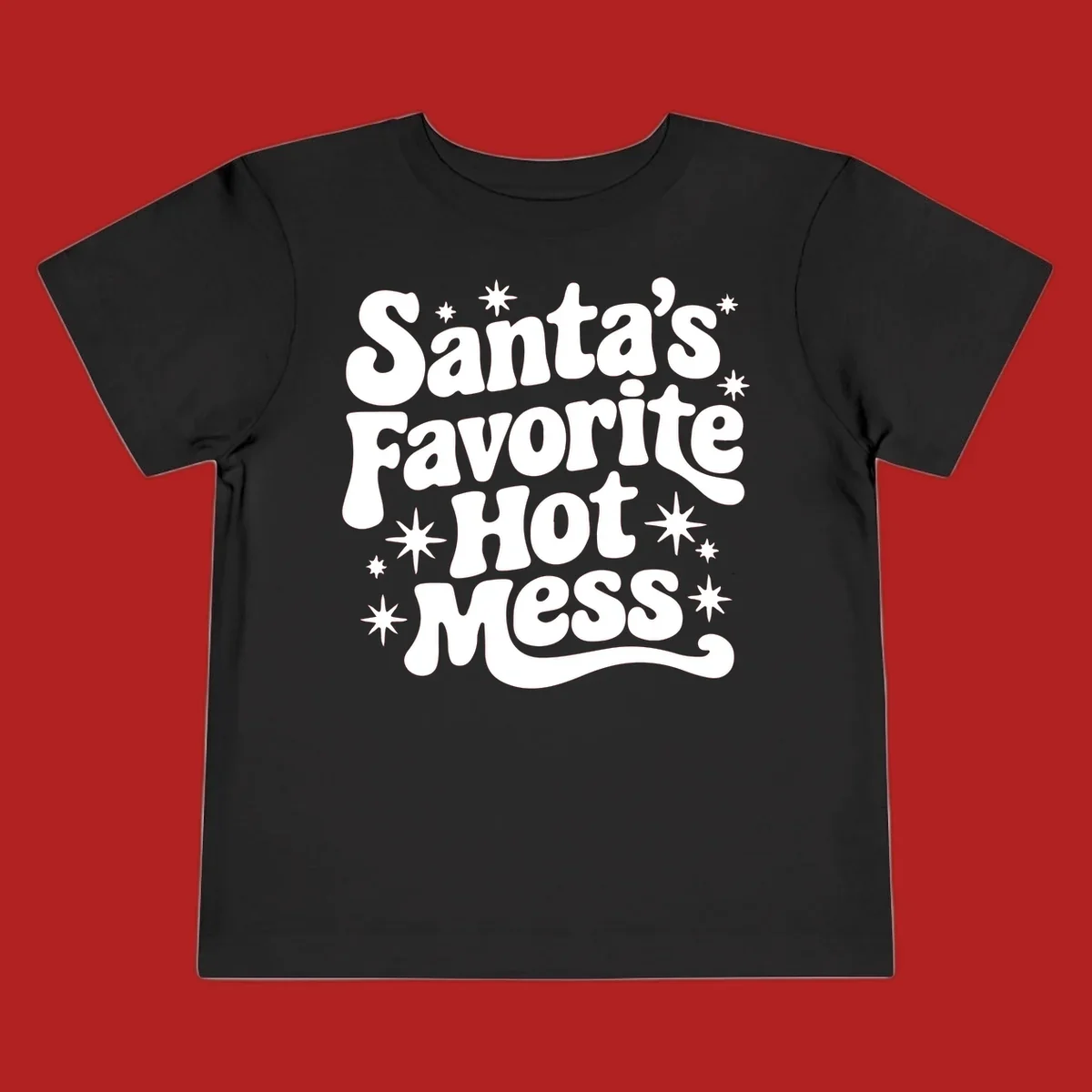 Santa's Favorite Hot Mess text with stars, retro Christmas design.