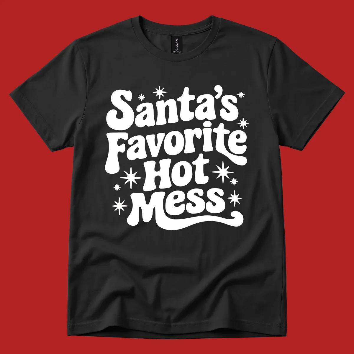 Santa's Favorite Hot Mess text with stars, retro Christmas design.