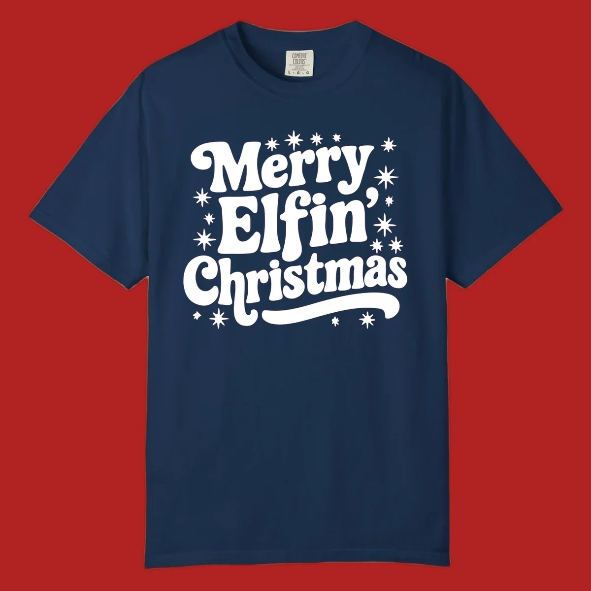 Merry Elfin Christmas groovy text design with stars.