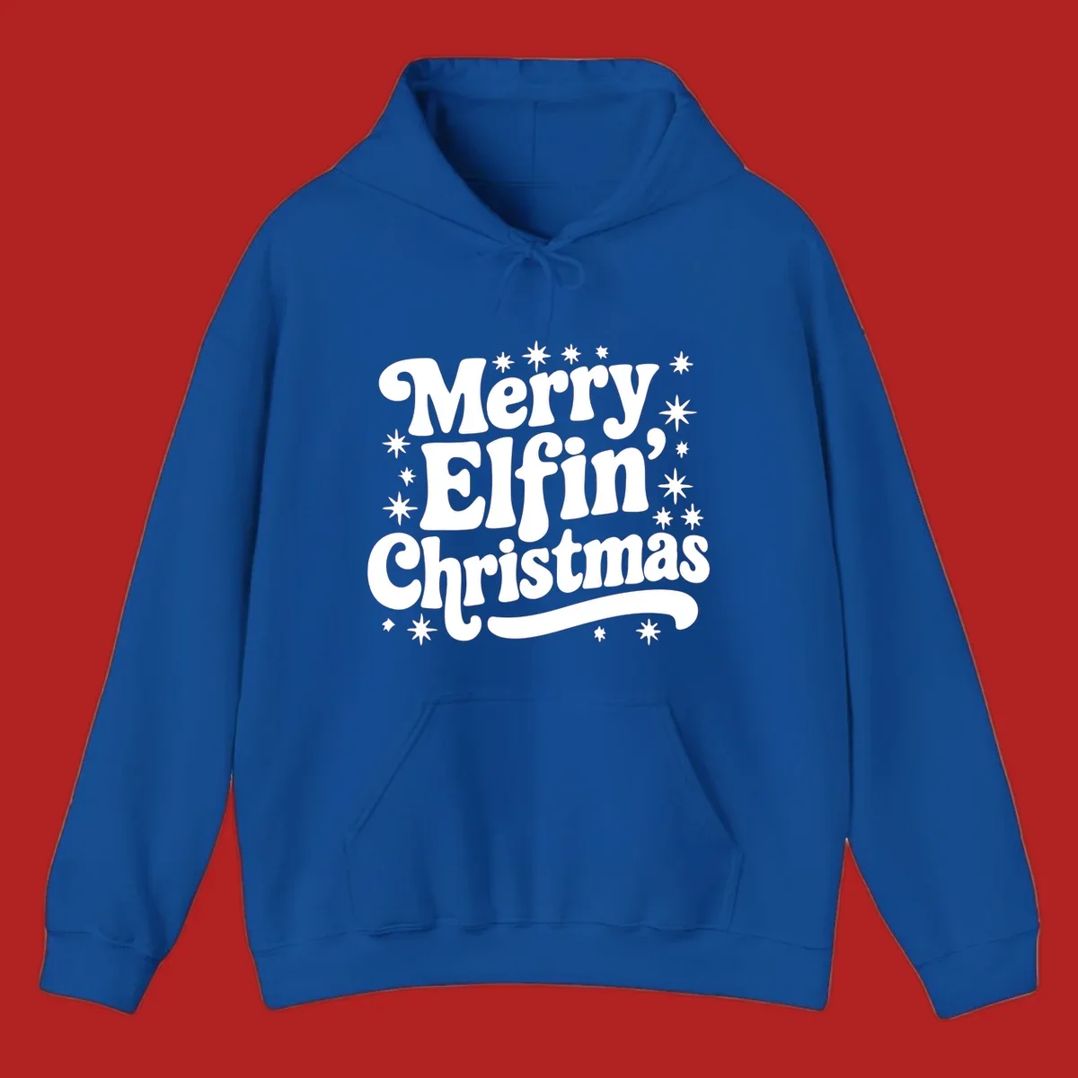 Merry Elfin Christmas groovy text design with stars.