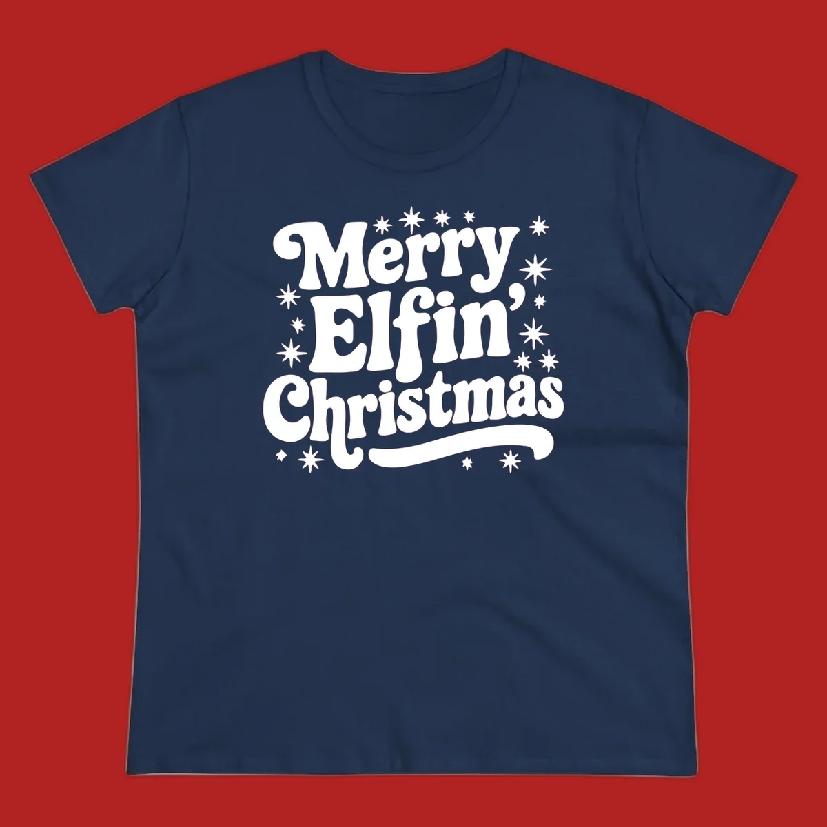 Merry Elfin Christmas groovy text design with stars.
