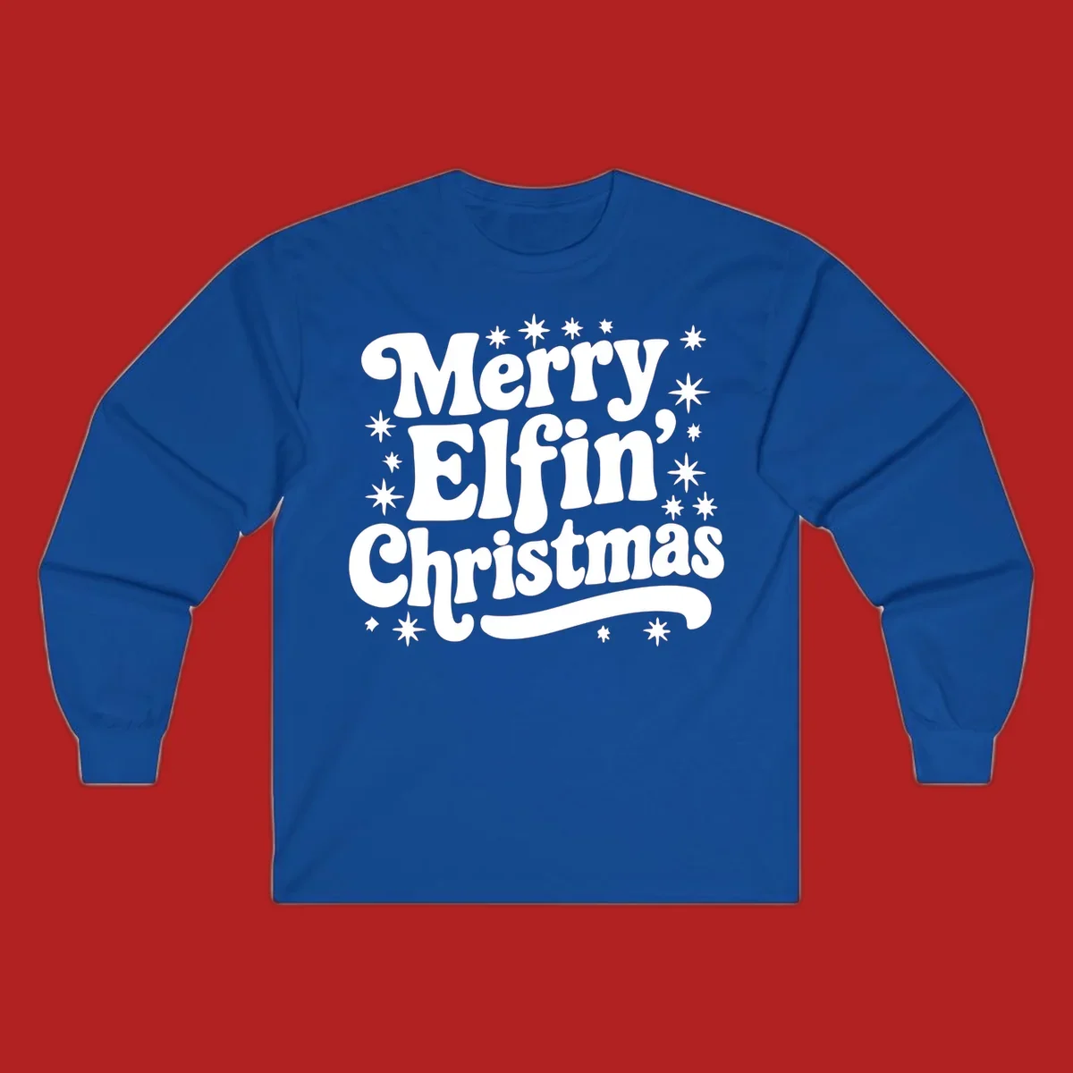Merry Elfin Christmas groovy text design with stars.