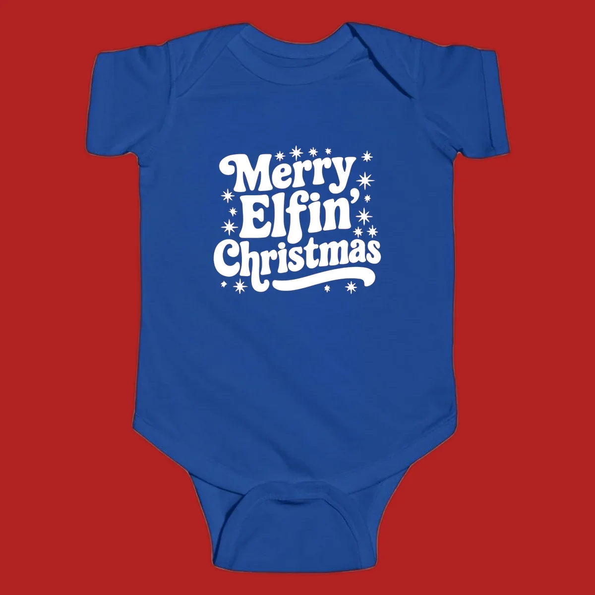 Merry Elfin Christmas groovy text design with stars.