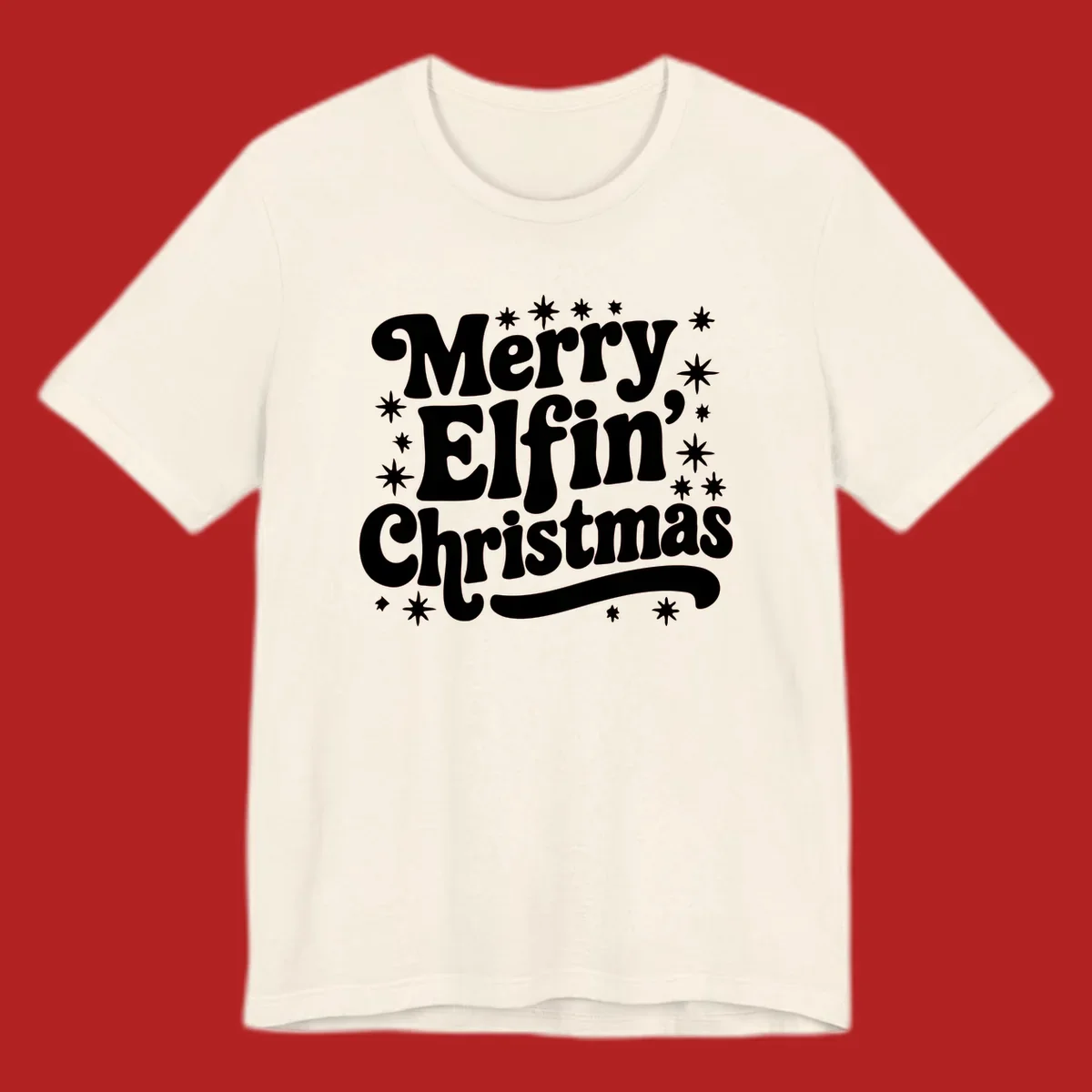 Merry Elfin Christmas groovy text design with stars.