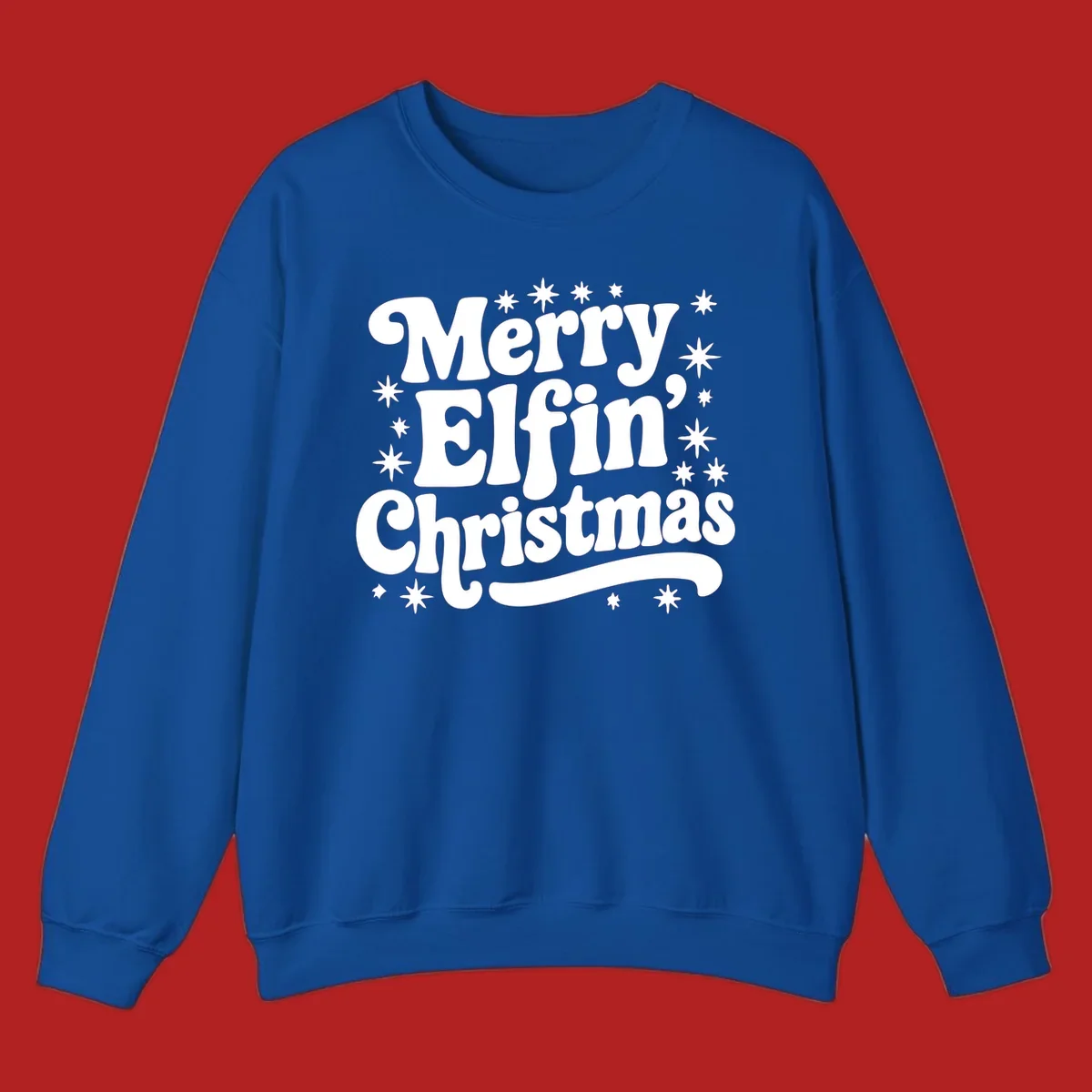 Merry Elfin Christmas groovy text design with stars.