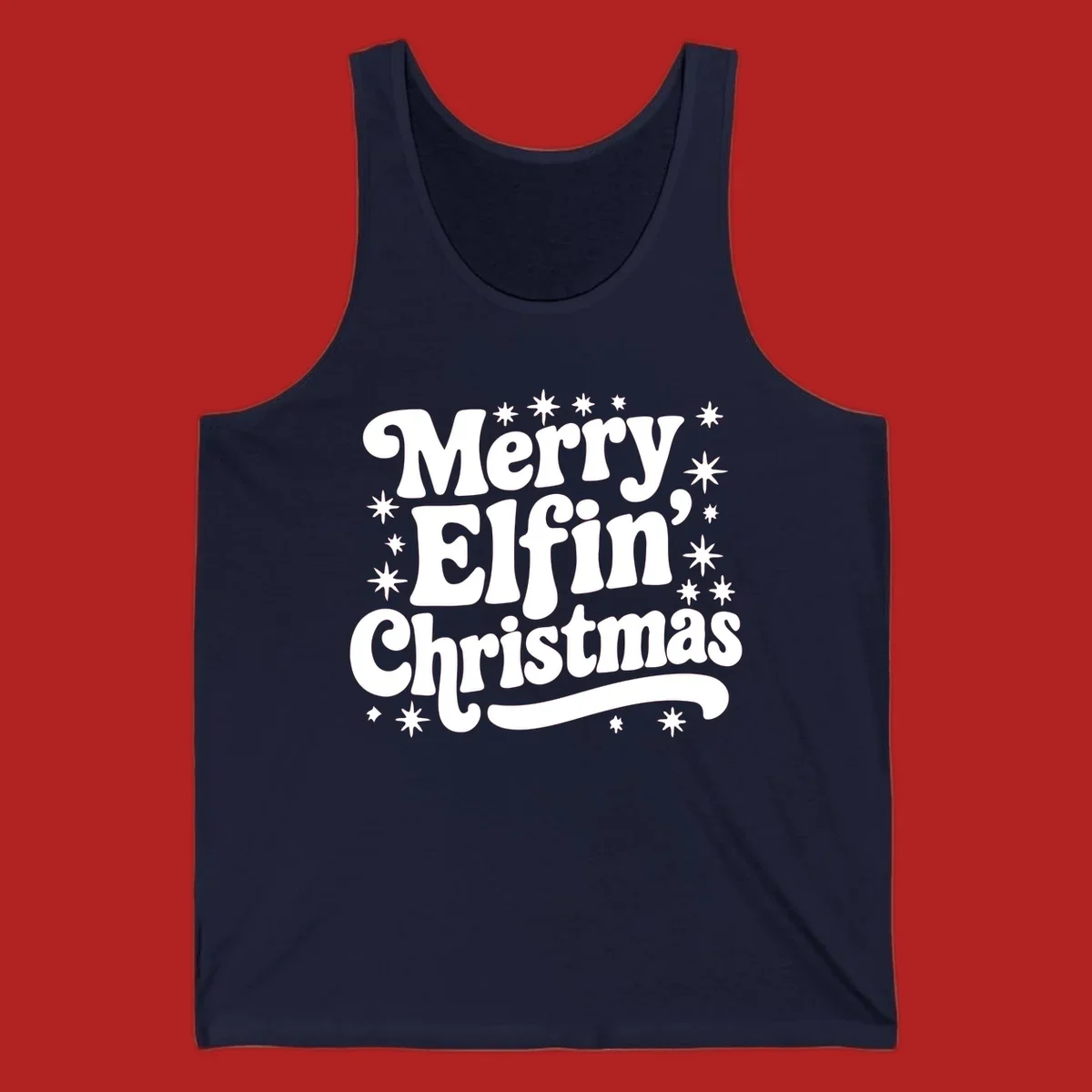 Merry Elfin Christmas groovy text design with stars.