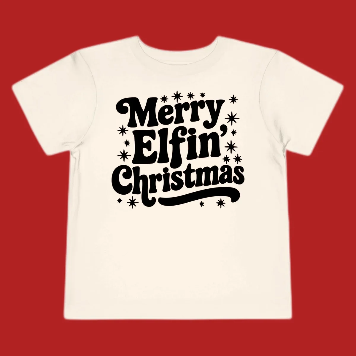 Merry Elfin Christmas groovy text design with stars.